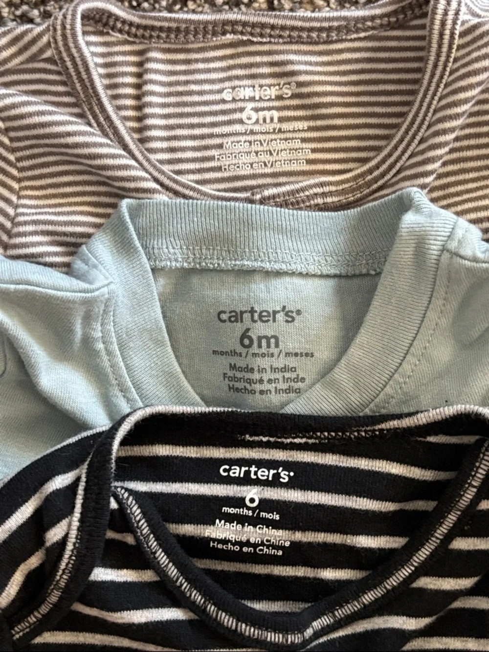 Carter's 3-Pack Long-Sleeve One-Pieces - Light Blue, Black & Tan Stripes Size 6M
